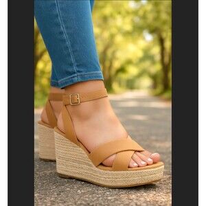 Torrid Espadrille Wedge Sandals Size 8.5 WW Open Toe Tan Ankle Strap 4” Heel NWT